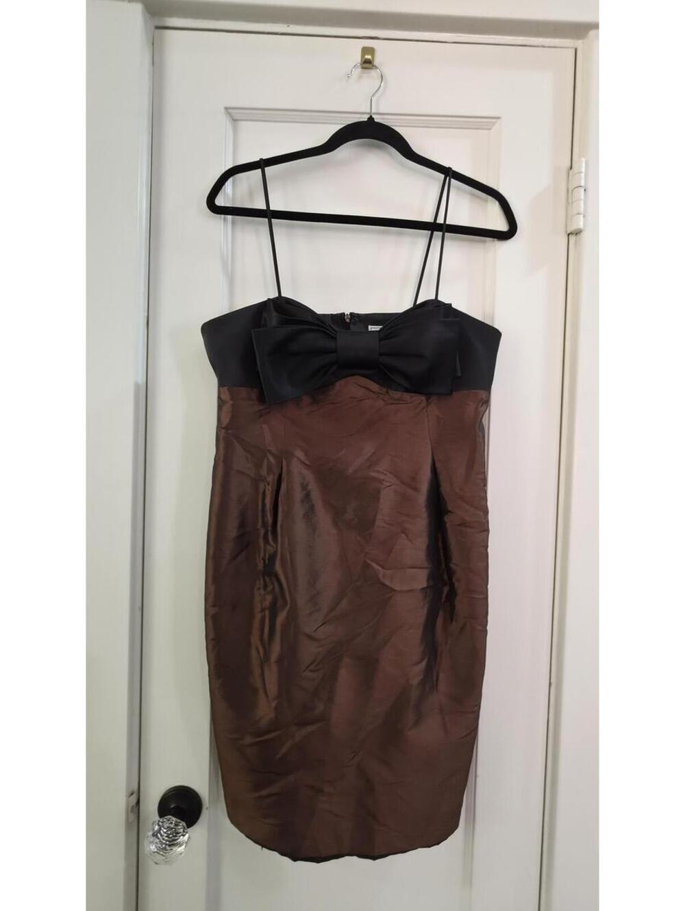 Eliza J Brown Strapless Dress with Black Bow Accent